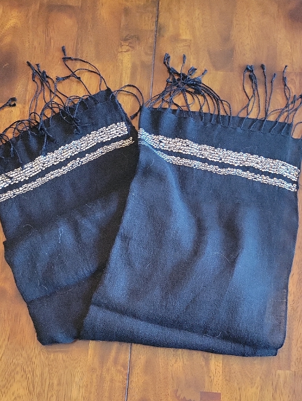 Black Fringe Scarf with Silver Stripe Detail